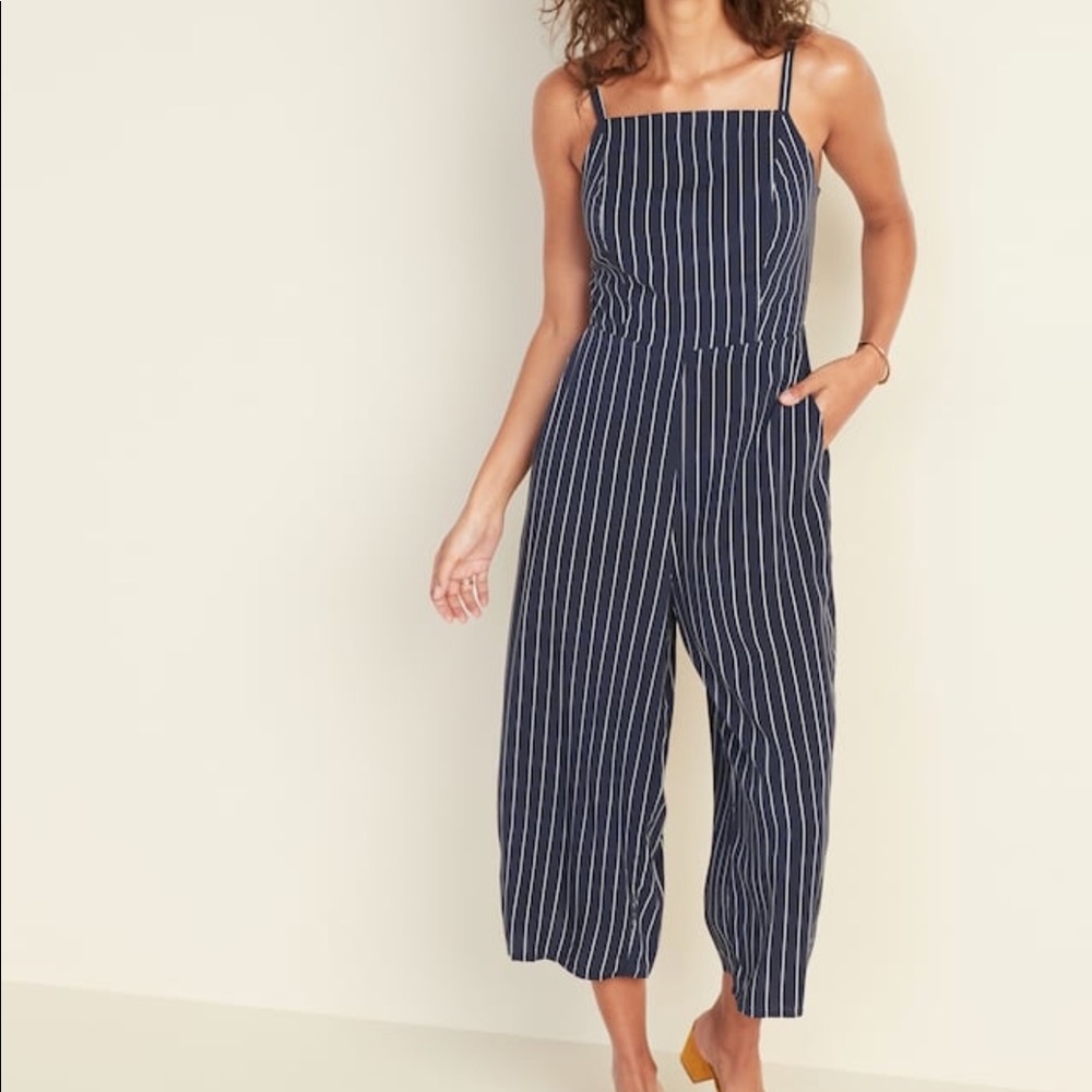 Blue and white striped jumpsuit